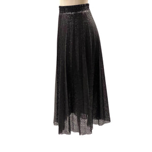 The BLACK SKIRT SEQUIN by SEVENTY is a knee-length, black pleated skirt made with shimmery textured fabric, perfect for an evening out. This fun skirt features an elastic waistband and is displayed on a white mannequin against a plain background.