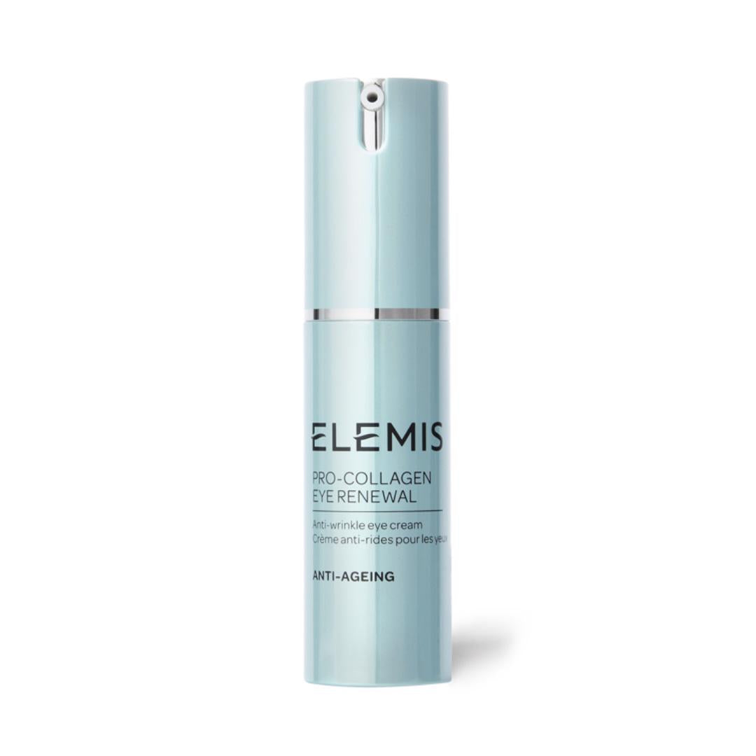 A sleek, light blue metallic bottle of ELEMIS - STEINER Pro-Collagen Eye Renewal nourishing eye cream stands upright. The front label reads &quot;Anti-Wrinkle Eye Cream, Anti-Ageing.&quot; Designed with vertical stripes and featuring a pump dispenser at the top, this formula effectively reduces fine lines.
