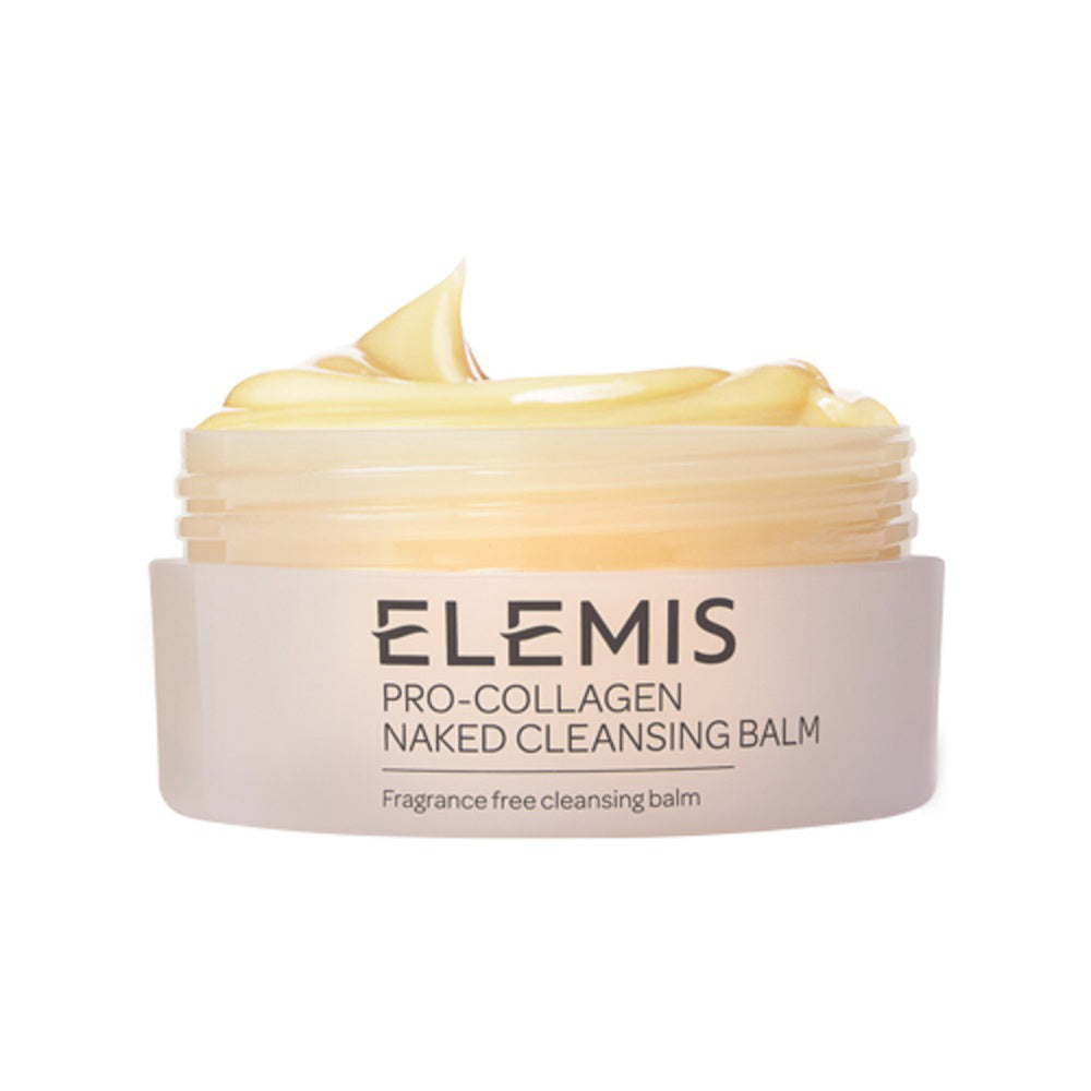 A jar of ELEMIS - PRO-COLLAGEN NAKED CLEANSING BALM from the brand ELEMIS - STEINER, crafted specifically for sensitive skin. The off-white container features dark lettering that reads &quot;ELEMIS PRO-COLLAGEN NAKED CLEANSING BALM&quot; and &quot;Fragrance-free cleansing balm.&quot; Inside is a pale yellow balm with a smooth texture.