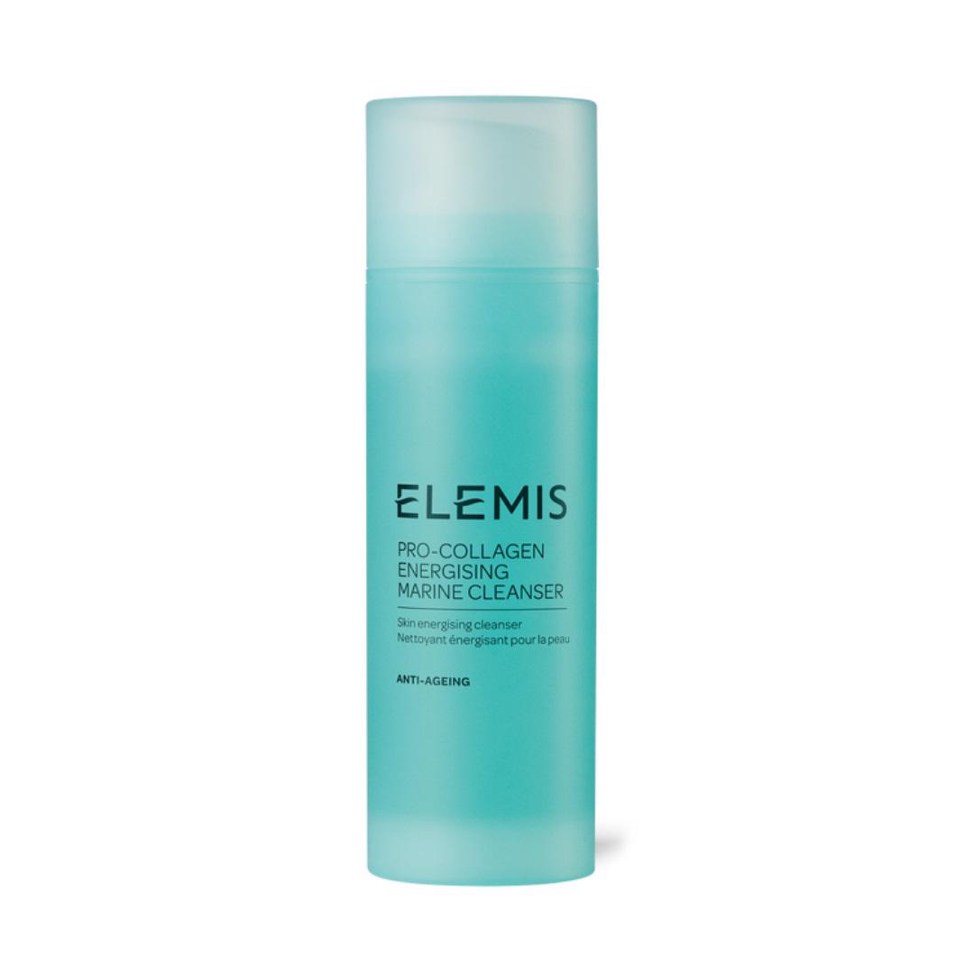 A turquoise bottle of ELEMIS - PRO-COLLAGEN ENERGISING MARINE CLEANSER by ELEMIS - STEINER is displayed against a white background. The label emphasizes its rejuvenating benefits as an energizing gel cleanser, ideal for daily grime removal while promoting a refreshed complexion.