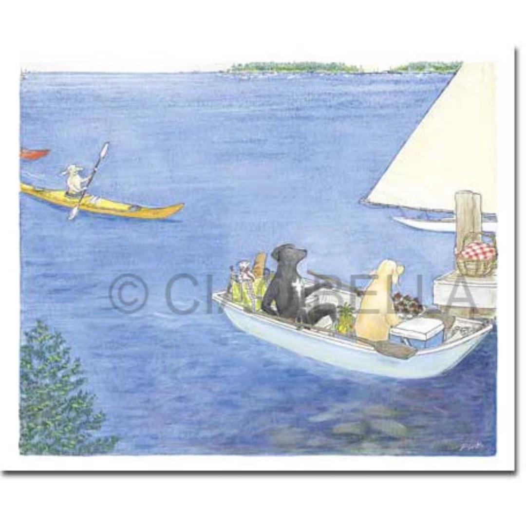 The CIAO BELLA - YOU'RE INVITED CARD by CIAO BELLA features a charming watercolor illustration depicting three dogs in a small rowing boat brimming with picnic supplies, sailing near a sailboat. In the serene, blue lake under a clear sky, another dog is seen paddling a yellow kayak. This delightful scene makes for the perfect cover of this blank note card.