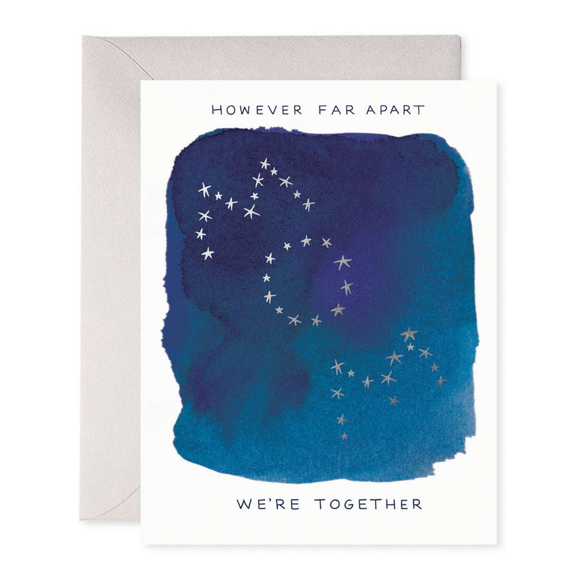 The E. FRANCES PAPER - MOM STARS CARD features a blue watercolor with silver star constellation, reading "However far apart" at the top and "We're together" at the bottom. It's crafted on luxe heavyweight paper and comes with a light gray envelope by E. Frances Paper.