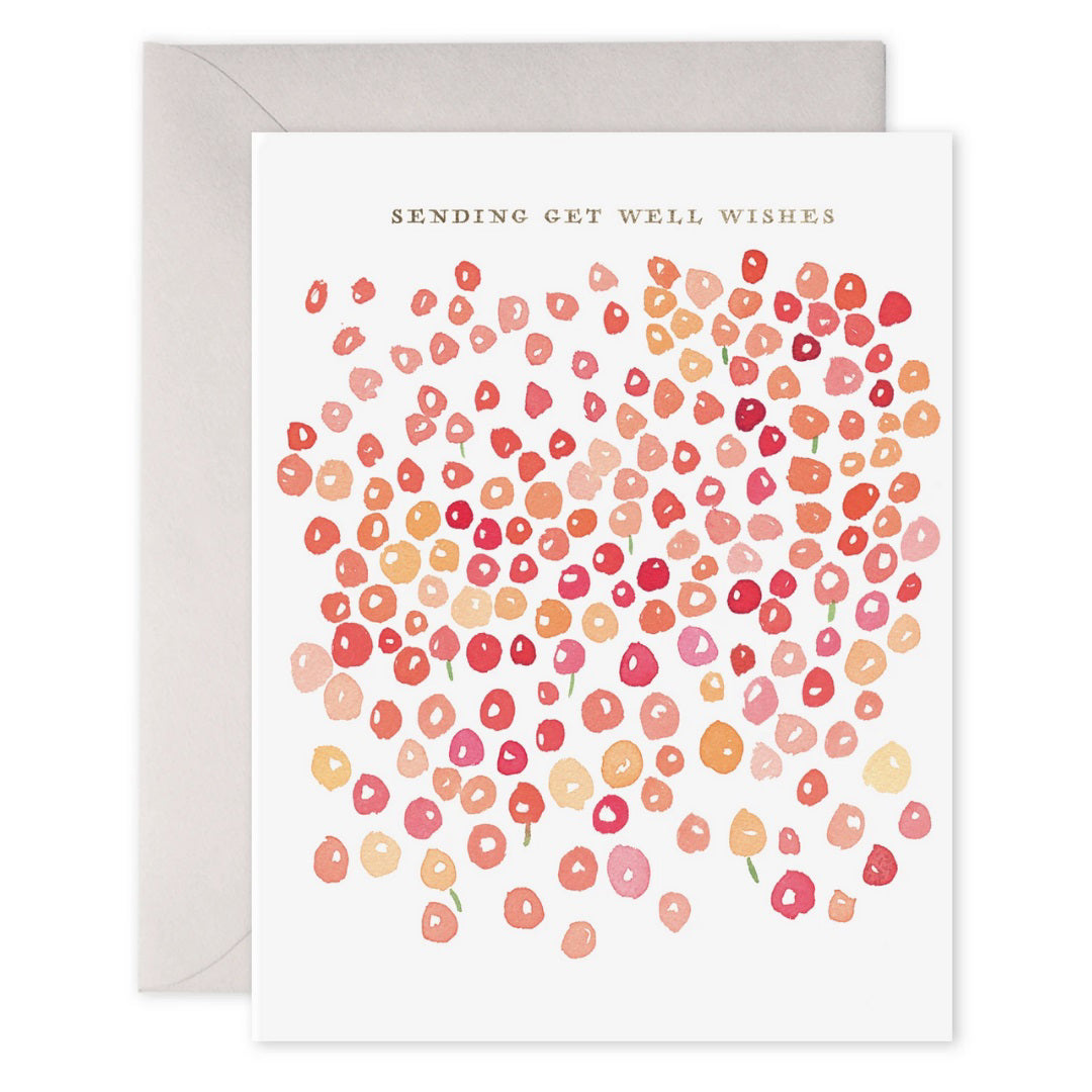 The E. FRANCES PAPER - FLOWERS GET WELL CARD by E. FRANCES PAPER has "Sending Get Well Wishes" in gold foil and features red, pink, and orange watercolor dots resembling flowers, with a white envelope included.