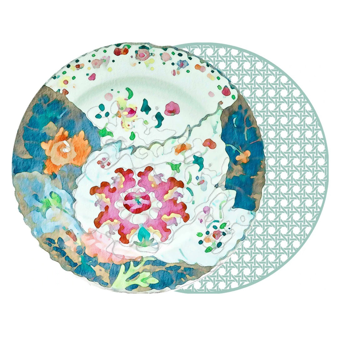A watercolor illustration of a decorative floral plate paired with the HOLLY STUART DESIGNS - ROUND TOBACCO LEAF PLACEMAT, featuring a translucent lattice pattern inspired by chinoiserie style.