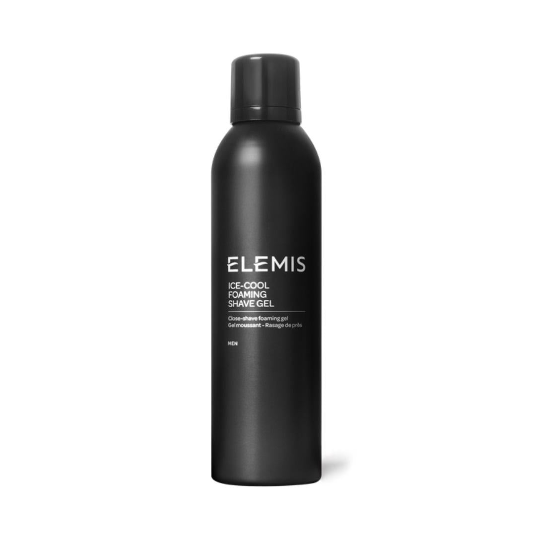 A sleek, matte black bottle of ELEMIS - TIME FOR MEN ICE COOL FOAMING SHAVE GEL from the brand ELEMIS - STEINER is standing upright. The label on the front features the product name and description in white text. Enhanced with Aloe Vera, the bottle has a rounded cap and a simple, modern design.