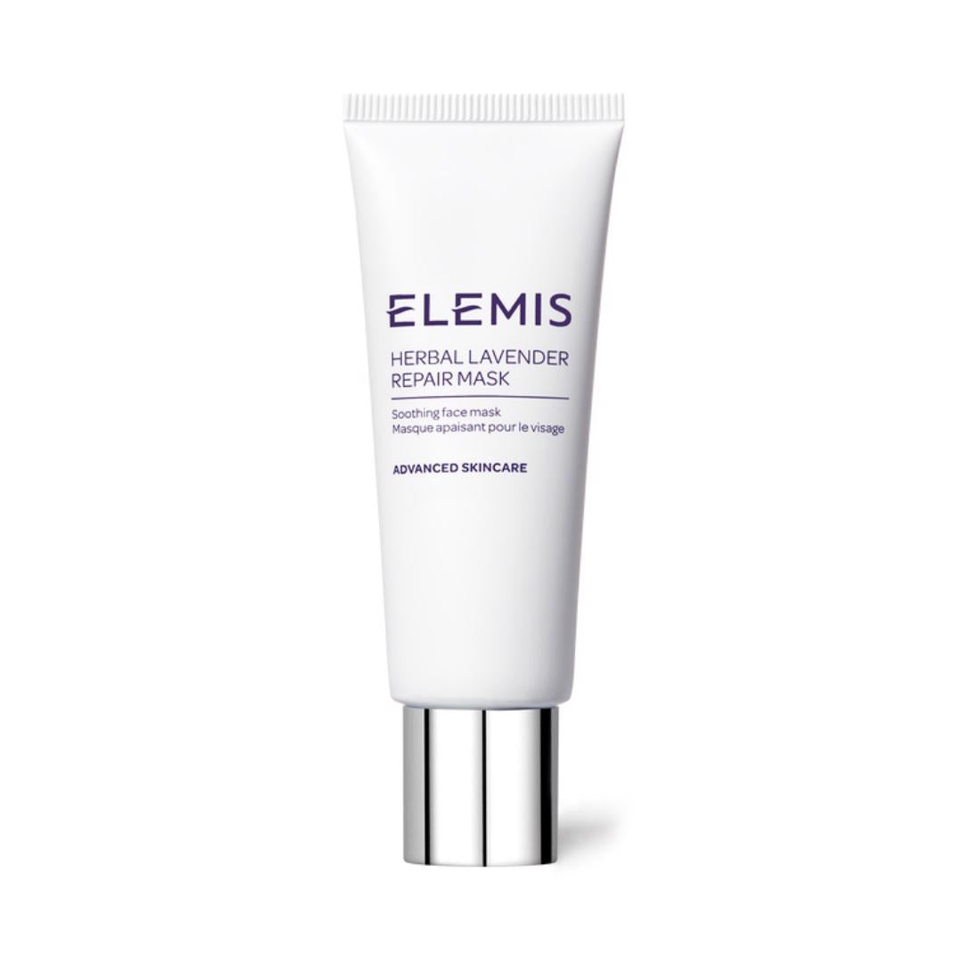 A white tube labeled &quot;ELEMIS - HERBAL LAVENDER REPAIR MASK&quot; with a silver cap. The text describes it as a soothing, purifying mask for sensitive skin and notes it as part of advanced skincare. The tube is set against a plain white background, featuring branding from ELEMIS - STEINER.