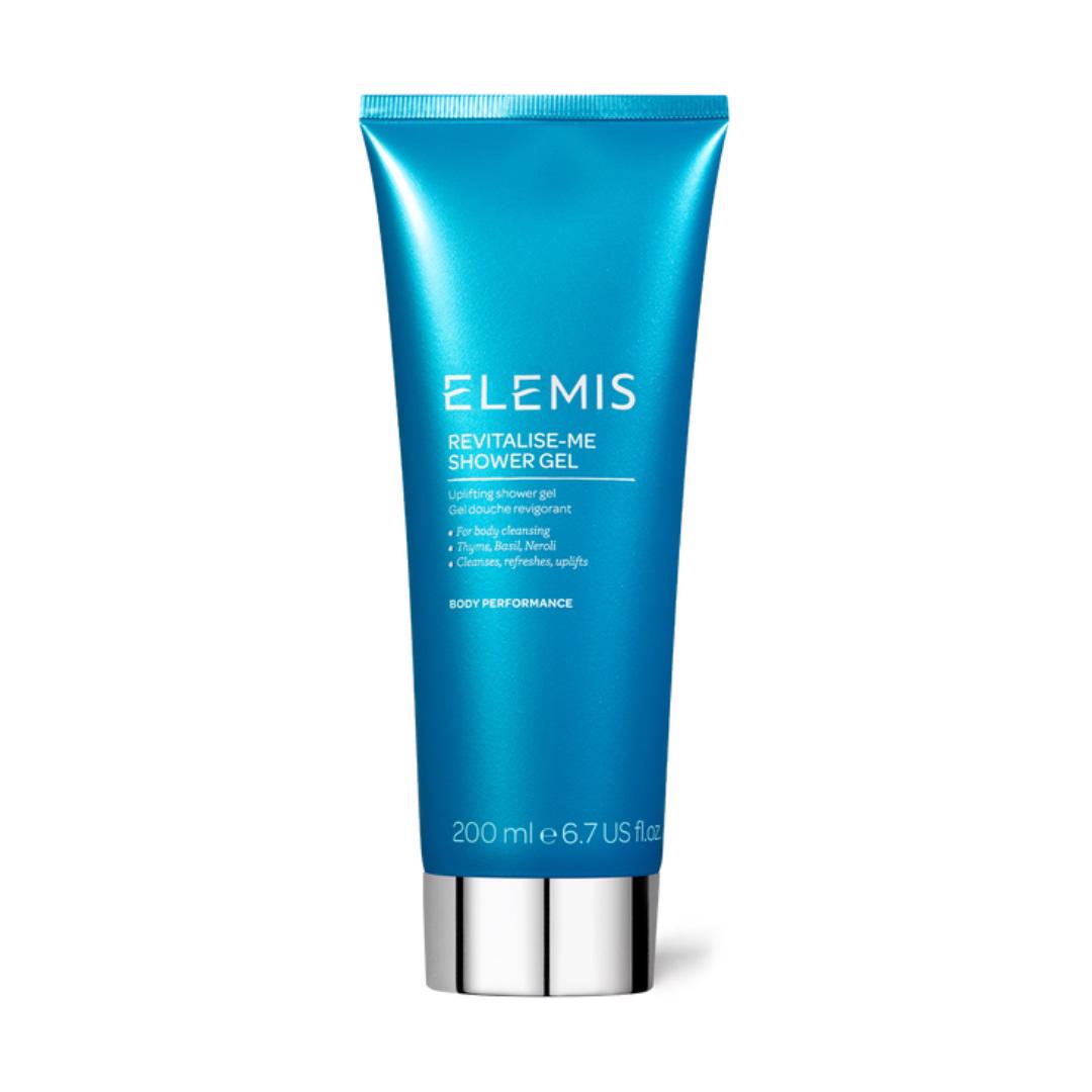 A blue tube of ELEMIS - STEINER REVITALISE ME SHOWER GEL with a silver cap. The text on the tube indicates that this luxurious body cleanser, infused with essential oils, cleanses, hydrates, and refreshes the skin. The product is 200 ml (6.7 US fl oz) in size.