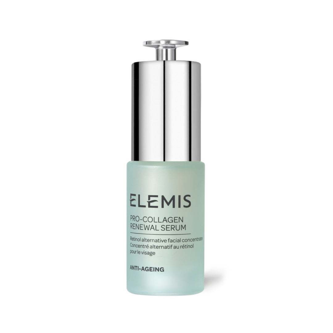 A labeled bottle of ELEMIS - PRO-COLLAGEN RENEWAL SERUM from ELEMIS - STEINER, designed for anti-ageing and improving skin clarity. The frosted light blue bottle features a smooth silver pump dispenser. The product name and details are printed in black text on the front, highlighting its efficacy as a retinol alternative.