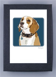 Introducing PAPER RUSSELLS - BEAGLE NOTE CARDS by PAPER RUSSELLS: These minimalist note cards feature a charming illustration of a beagle dog, meticulously crafted on recycled paper. The beagle is depicted with a white snout and chest, complemented by brown ears and coat, wearing a collar with tags against a solid blue background. This modern, cartoon-like design is proudly *Made in USA* and adheres to Forest Stewardship Council standards.