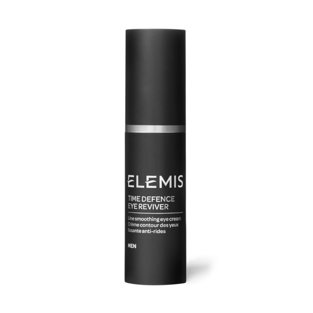 A black cylindrical bottle of ELEMIS - TIME FOR MEN TIME DEFENCE EYE REVIVER by ELEMIS - STEINER is depicted against a white background. The bottle features white text detailing the product&#39;s name and description as an anti-wrinkle men&#39;s eye cream that targets fine lines and improves skin elasticity for men.