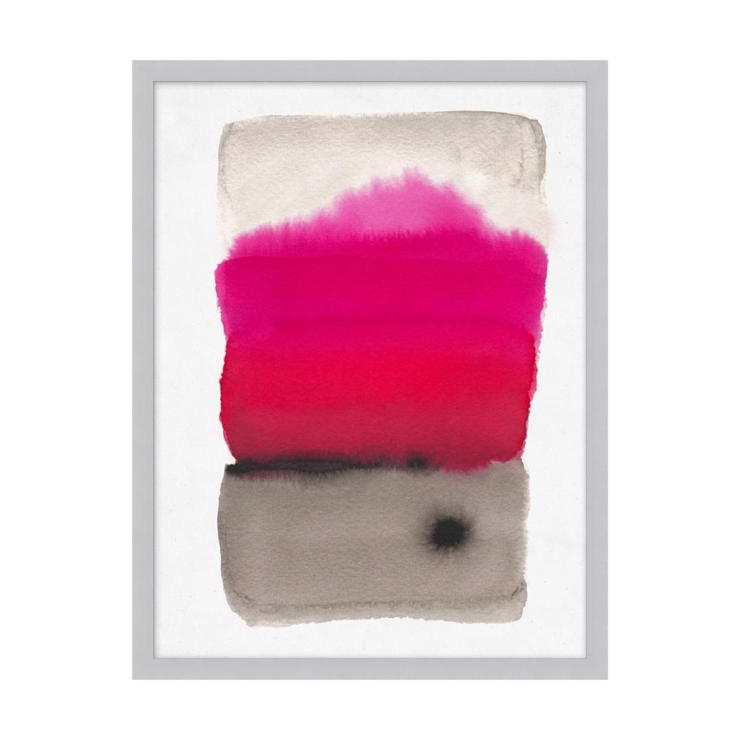 Introducing INK SPACE 7 by WENDOVER: a stunning abstract watercolor painting beautifully encased in a sleek gray frame. This hand-crafted piece features rich layers of colors, starting with a soft beige top layer, transitioning into vibrant shades of pink and red, and culminating with a sophisticated grayish bottom. A subtle darker black spot near the lower right side adds an intriguing focal point. Perfect for enhancing the ambiance of both commercial and residential spaces.