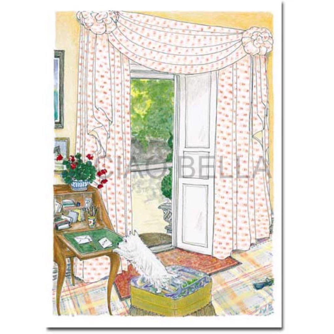 A cozy room with polka-dot curtains tied back, framing an open door leading outside. A desk with flowers, papers, a CIAO BELLA - MY LITTLE MARGIE CARD by CIAO BELLA, and a photo frame sits on the left. A dog sits on a patterned rug by a wicker basket, enjoying the sunlight streaming through the door.