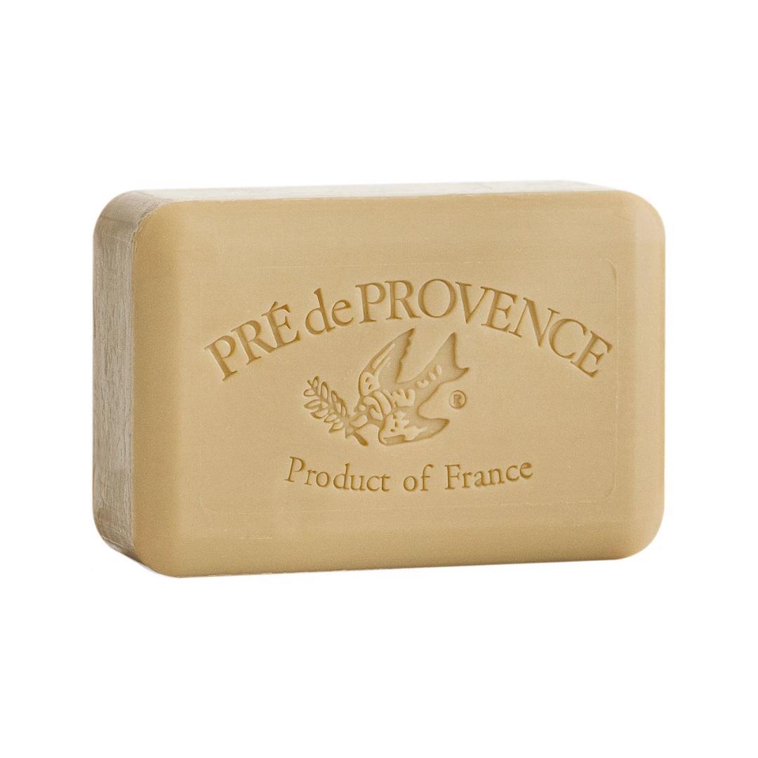 A beige bar of Verbena Bar Soap by European Soaps, LLC, with a dove and olive branch embossed on it, and the text "Pré de Provence Product of France" visible. Enriched with shea butter, the soap has clean edges and appears solid and smooth.
