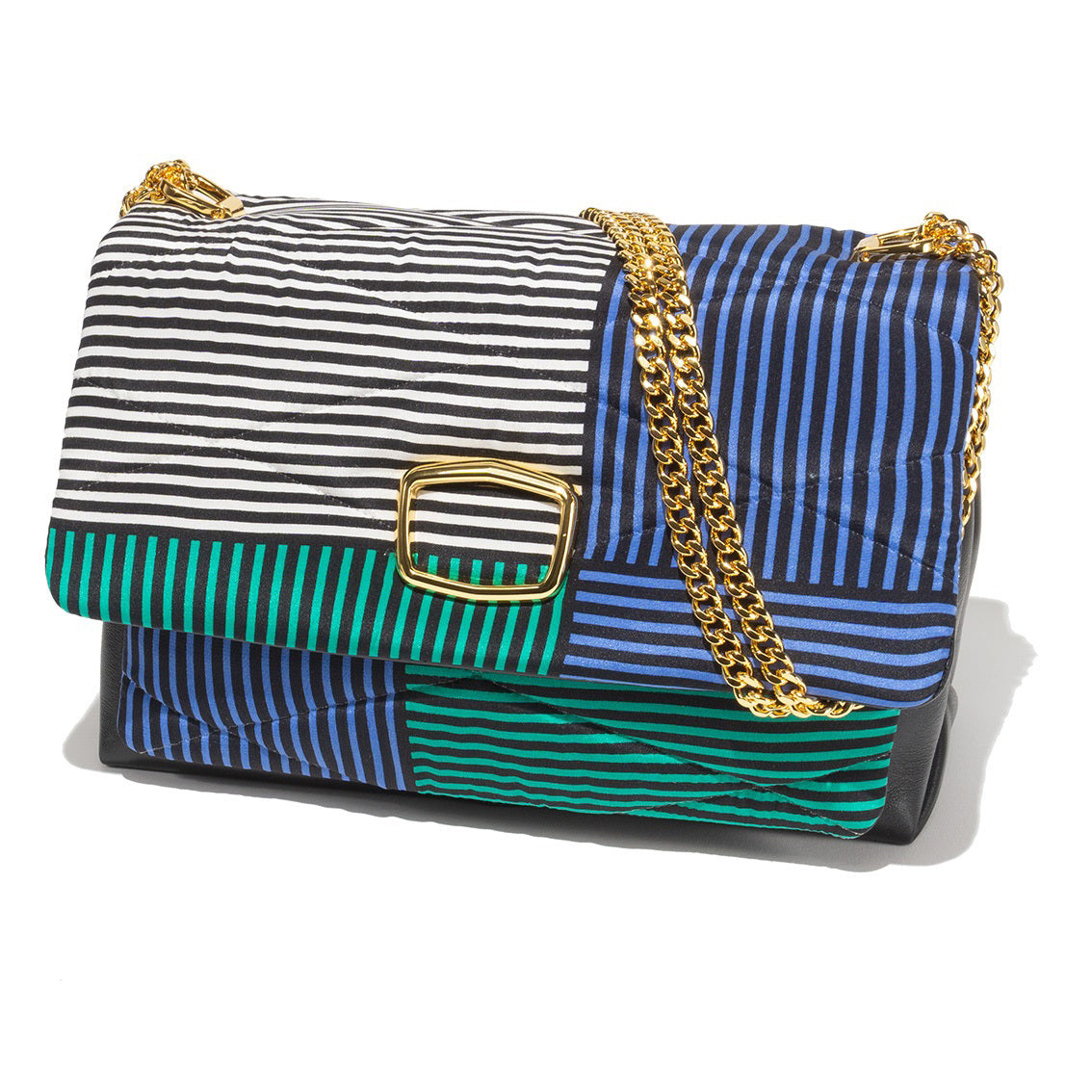 The MILANO MM33 VINTAGE SCARF AND LEATHER HANDBAG - GEOMETRIC TILE is a stylish lambskin accessory adorned with a quilted, multicolored stripe pattern in black, white, blue, and green. It features a gold buckle on the front flap and a matching gold chain strap, all beautifully displayed against a white background. MADE IN ITALY.