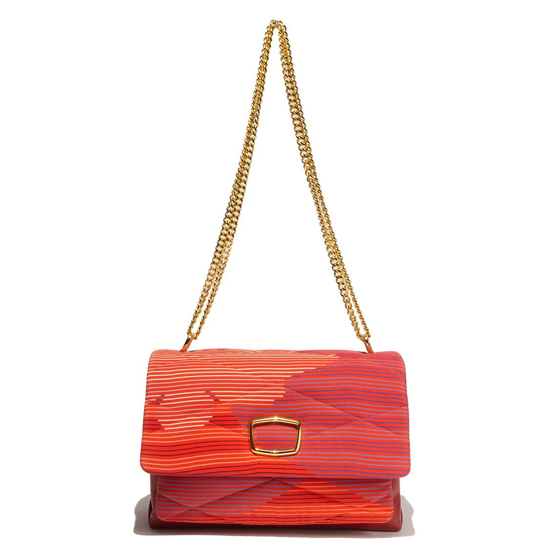 Presenting the VINTAGE SCARF AND LEATHER HANDBAG by MILANO MM33, a vibrant rectangular accessory adorned with a bright orange and pink striped pattern. This handbag, evocative of classic scarf styles, boasts elegant gold chains for shoulder straps and a prominent shiny gold buckle on the front flap. Made from soft fabric and luxurious leather, it is showcased against a pristine white background.
