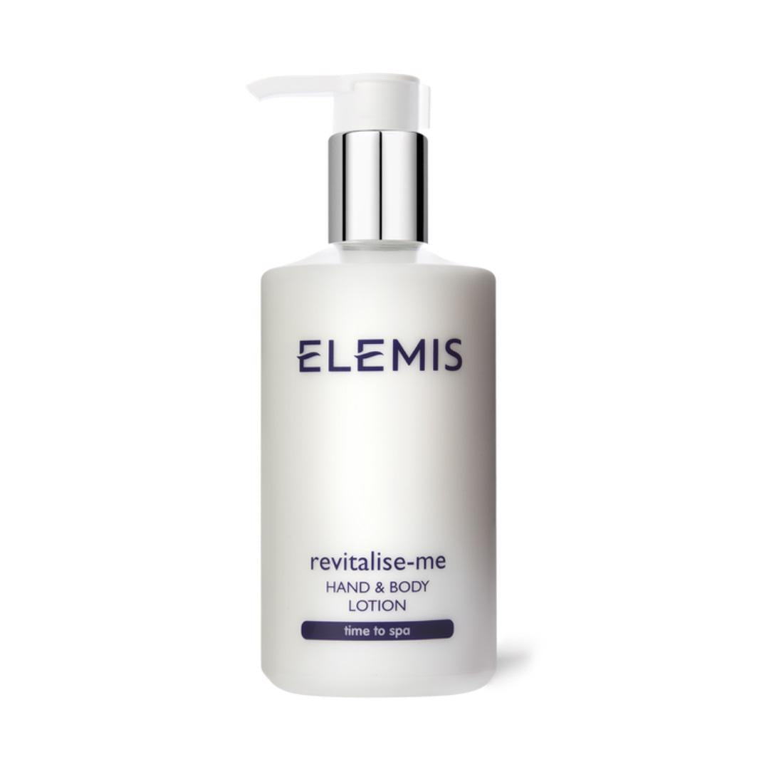 A white bottle of ELEMIS - STEINER deeply moisturizing ELEMIS - REVITALISE ME HAND &amp; BODY LOTION with a pump dispenser. The bottle features navy blue text with the product name and the tagline &quot;time to spa.&quot; The simple, clean design suggests a focus on luxury and relaxation, leaving your skin silky smooth.