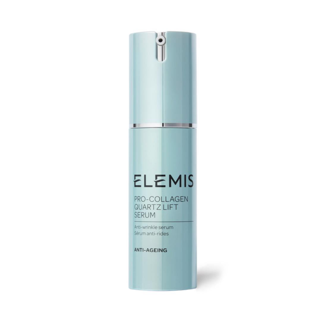 A light blue cylindrical bottle of ELEMIS - PRO-COLLAGEN QUARTZ LIFT SERUM with a silver pump. The label reads &quot;ELEMIS - PRO-COLLAGEN QUARTZ LIFT SERUM&quot; along with &quot;Anti-wrinkle serum&quot; in smaller text. This anti-ageing serum, from the brand ELEMIS - STEINER, is designed for wrinkle reduction and promoting younger-looking skin.