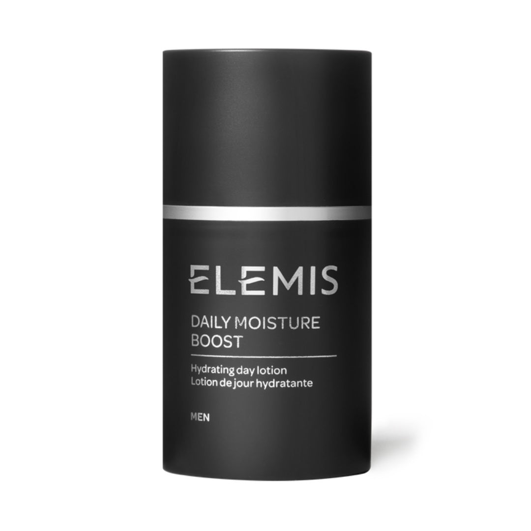 A black cylindrical container of ELEMIS - STEINER TIME FOR MEN DAILY MOISTURE BOOST, perfect for post-shave skin. The label features white text stating &quot;Hydrating day lotion, Lotion de jour hydratante.&quot; Its minimalist design includes a horizontal silver stripe near the top, making it an essential in men’s skincare routines.