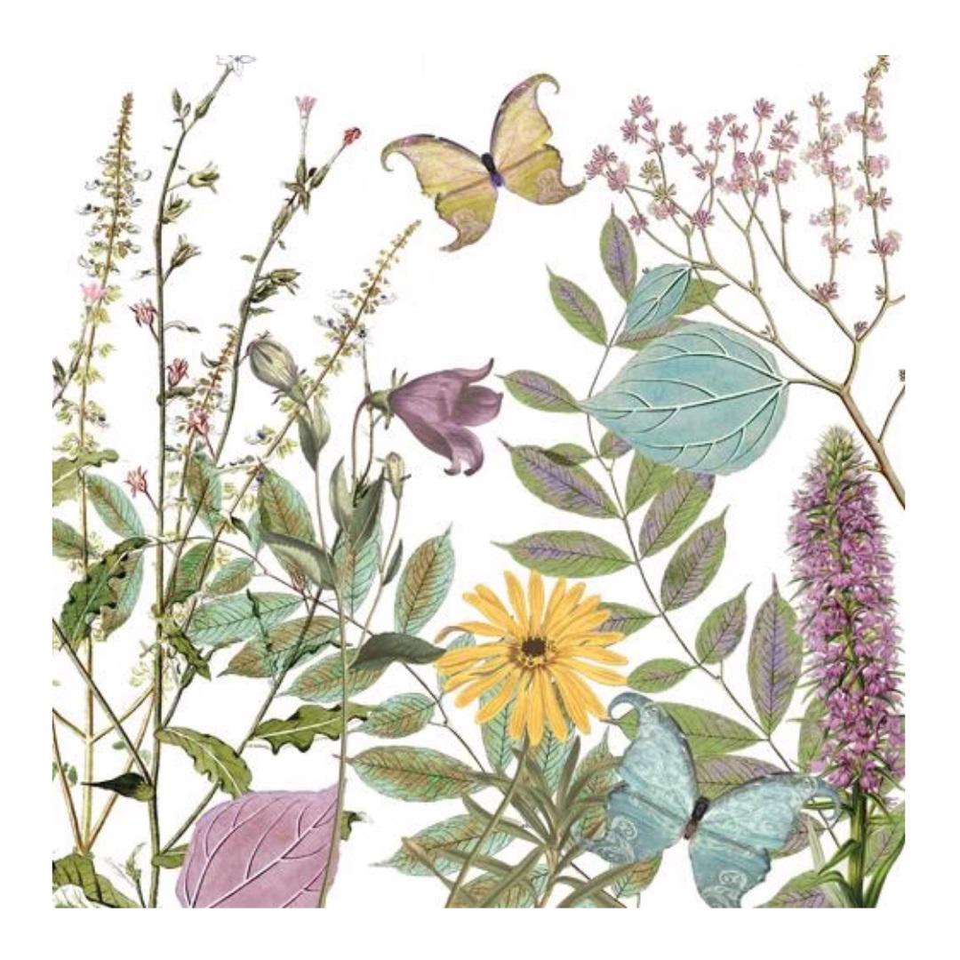 The KENSINGTON GARDEN BEVERAGE NAPKINS by PAPER PRODUCTS DESIGN feature a whimsical illustration of pastel flowers, leaves, and butterflies on a naturally bleached background, with highlights like a yellow sunflower-like blossom and butterflies in gold and blue.