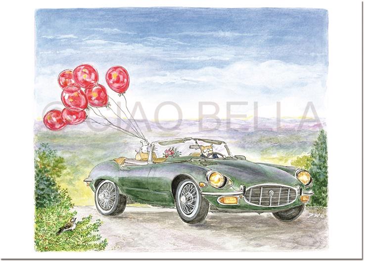 An illustration on the CIAO BELLA - FEELIN GOOD LOUIS CARD by CIAO BELLA depicts a green convertible car with a dog in the driver's seat wearing sunglasses and a cat holding several red balloons. They are cruising along a scenic road lined with hills and trees under a partly cloudy sky, making it an ideal blank note card and envelope set.