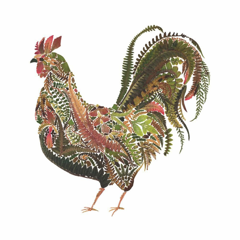 The GREEN ROOSTER BEVERAGE NAPKINS by PAPER PRODUCTS DESIGN feature a rooster made from green, brown, and red leaves on white 3-ply paper—made in Germany, perfect for drinks and entertaining.