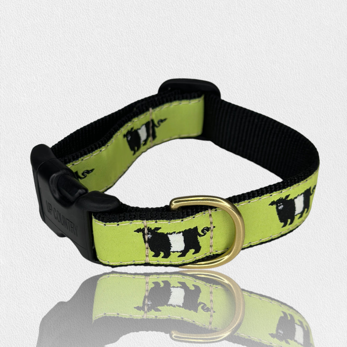 Introducing the FEARRINGTON SIGNATURE COLLECTION - BESPOKE BELTIE DOG COLLAR in small by UP COUNTRY. This lime green collar is adorned with black and white cow silhouettes, making it a perfect choice for dog lovers. It features a sturdy black plastic buckle and a golden D-ring for easy leash attachment. The adjustable design includes a bright green exterior band that contrasts beautifully with the black inner lining and edges.