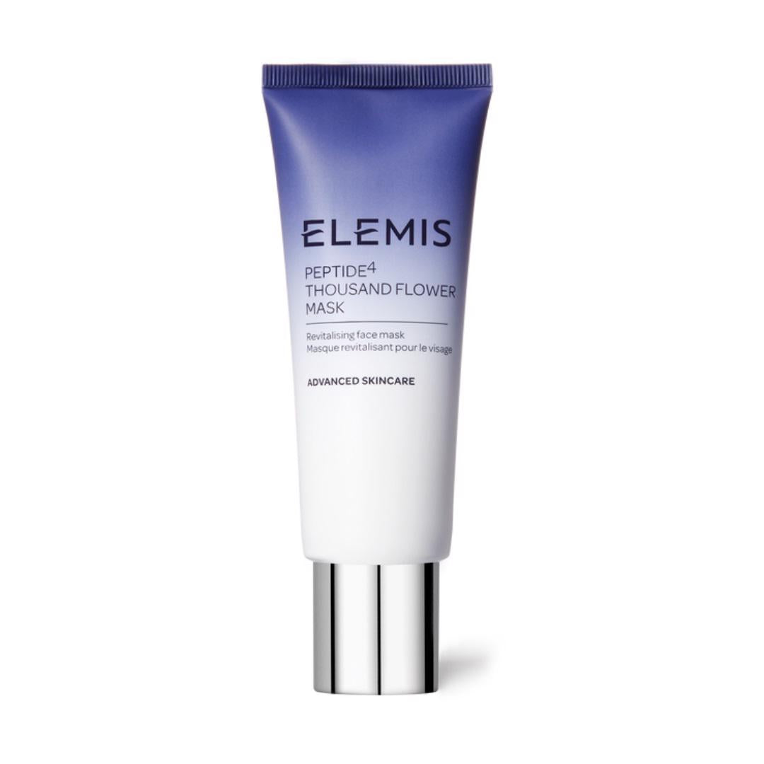 A tube of ELEMIS - PEPTIDE4 THOUSAND FLOWER MASK 75ML from the brand ELEMIS - STEINER is pictured. The mineral-rich face mask features a gradient design that transitions from white at the bottom to a deep purple at the top, completed with a silver cap. The text on the tube reads &quot;ELEMIS PEPTIDE4 THOUSAND FLOWER MASK.