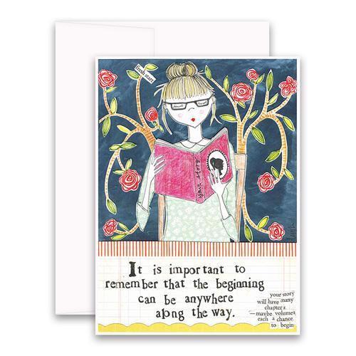 The CURLY GIRL DESIGNS - THE BEGINNING CARD by CURLY GIRL DESIGN, INC is a vibrant collage art greeting card that showcases an illustration of a person with a bun hairstyle and glasses reading a book, surrounded by rose plants. The card features the text, "It is important to remember that the beginning can be anywhere along the way.