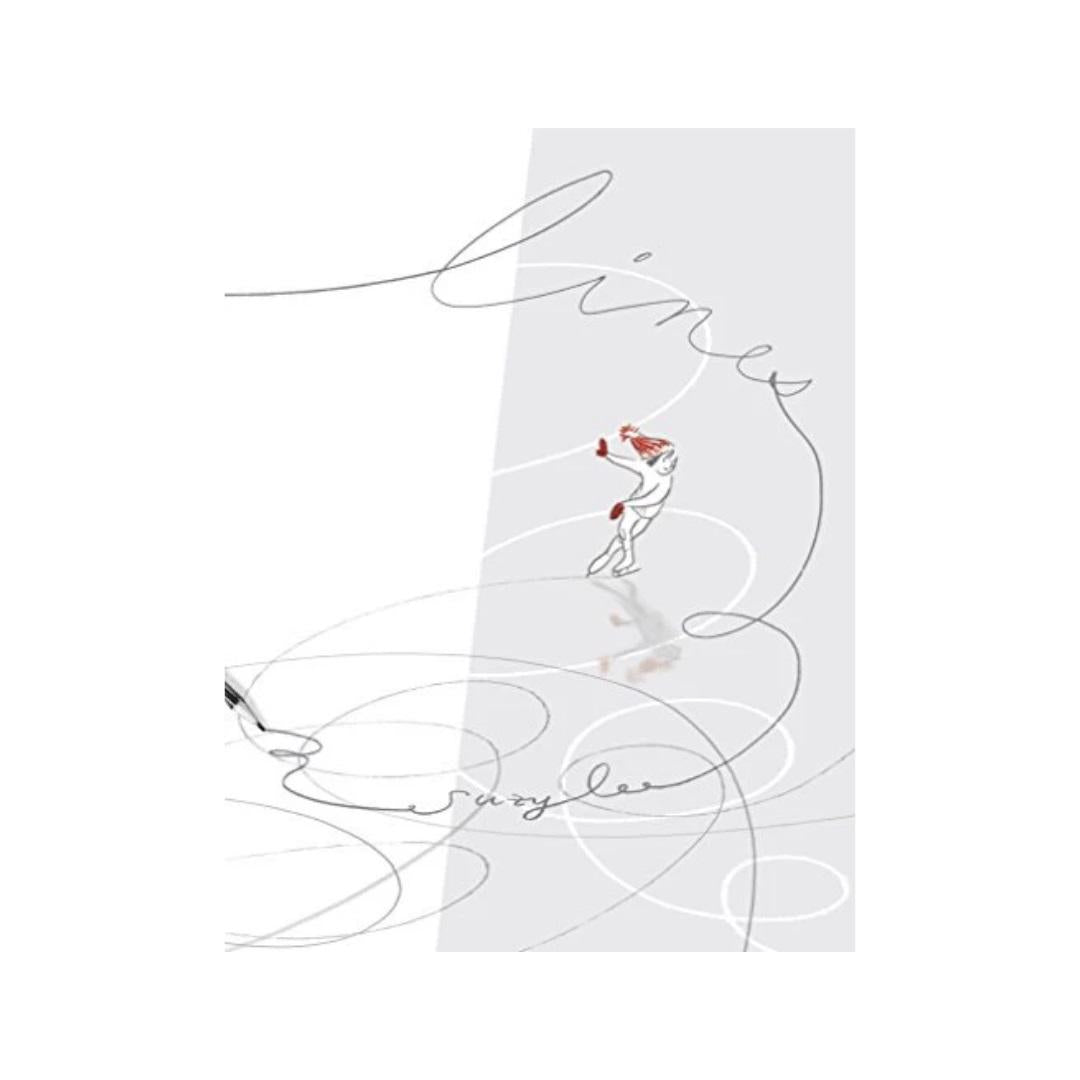A minimalist illustration from the BOOK LINES collection by HACHETTE BOOK GROUP features the word &quot;lines&quot; in fluid script. The image, reminiscent of an internationally acclaimed artist&#39;s work, depicts a small sketched figure in red and white ice skating, leaving behind intricate swirling lines on the ice. The name &quot;Ryszard&quot; appears in script near the bottom.