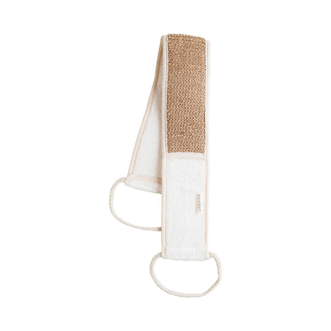 A cream-colored BAMBOO BACK SCRUBBER from EUROPEAN SOAPS, LLC features a textured scrubbing material in the center and rope handles on each end for easy use. Perfect for tackling back acne, this natural bath product is laid out flat, showcasing both the scrub surface and smooth backing.