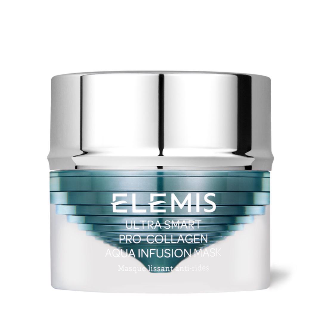 A jar of ELEMIS - PRO-COLLAGEN ULTRA SMART AQUA INFUSION MASK from ELEMIS - STEINER, featuring a sleek silver and blue gradient design with a metallic lid. The label indicates it&#39;s an anti-wrinkle mask, perfect for combating ageing while providing intense hydration.