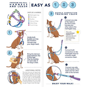 The NO PULL HARNESS LEASH (XS, NAVY) by 2 HOUNDS DESIGN is a blue dog harness with a Swiss velvet-lined chest strap and a blue leash attachment. This freedom no-pull harness features multiple adjustment points, stainless steel hardware, and a top handle. The leash attachment includes a loop handle and two metal clasps for securing to the harness. Both items are made from durable fabric.