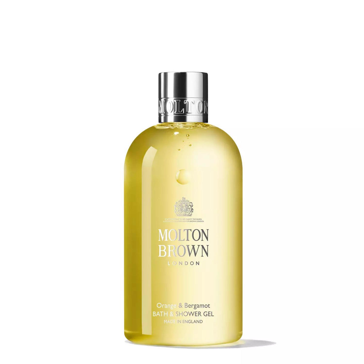 A clear plastic bottle of MOLTON BROWN - ORANGE AND BERGAMOT BATH &amp; SHOWER GEL with a silver cap showcases the yellow gel inside. The label, featuring elegant fonts and the MOLTON BROWN brand logo, exudes sophistication. This fragrant body wash combines bergamot and Sevillian orange in a luxurious blend, set against a plain white background.
