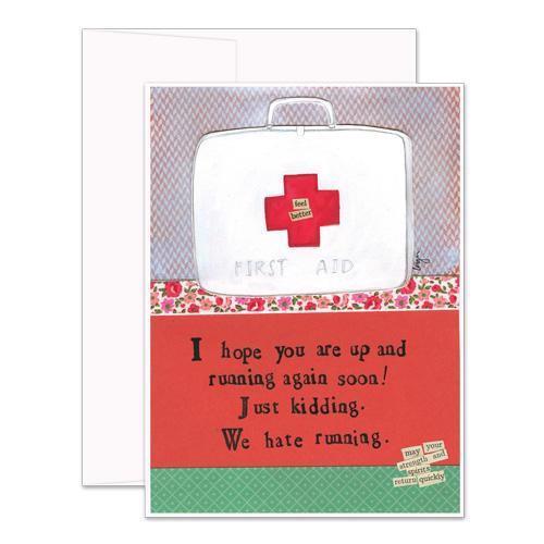 The CURLY GIRL DESIGNS - HATE RUNNING CARD by CURLY GIRL DESIGN, INC features a white background adorned with collage art of a first aid kit labeled "feel better" and "FIRST AID." Below it, the card humorously reads, "I hope you are up and running again soon! Just kidding. We hate running." Additional notes offer well wishes with messages like "enjoy your season of resting" and "return quickly.