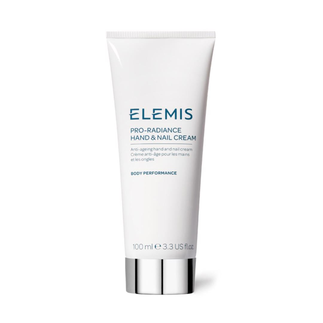 A white tube of ELEMIS - PRO-RADIANCE HAND &amp; NAIL CREAM by ELEMIS - STEINER, designed for anti-ageing and hydrating purposes. The tube features blue and black text detailing the product name and uses, and it contains 100 ml (3.3 US fl oz). A silver cap is attached to the bottom of the tube.