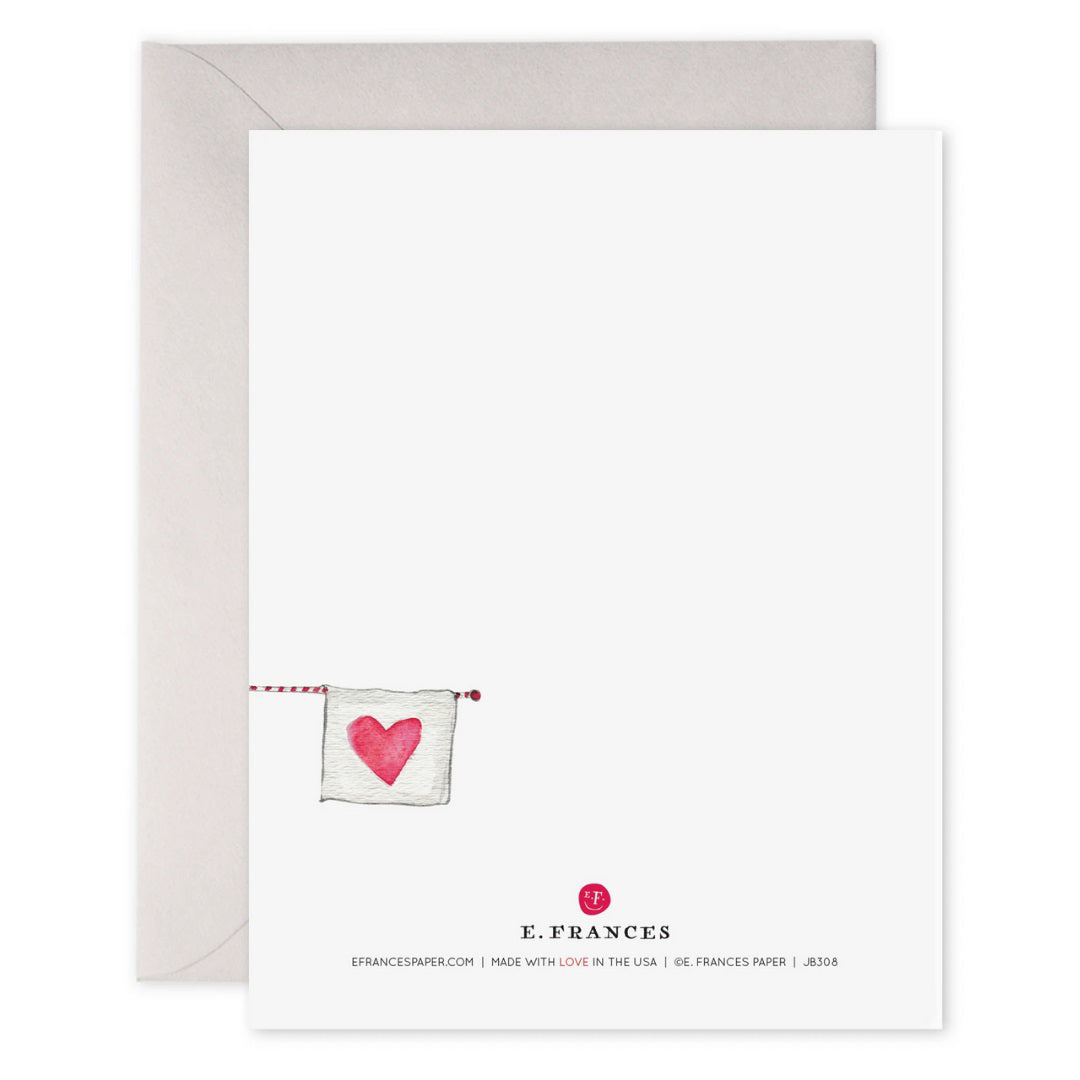 The E. FRANCES PAPER - I LOVE YOU THIS MUCH CARD features a watercolor heart with hands and feet, printed on luxe paper. Below the heart, it reads &quot;i love you this much.&quot; The card comes with a grey envelope on a plain white background.