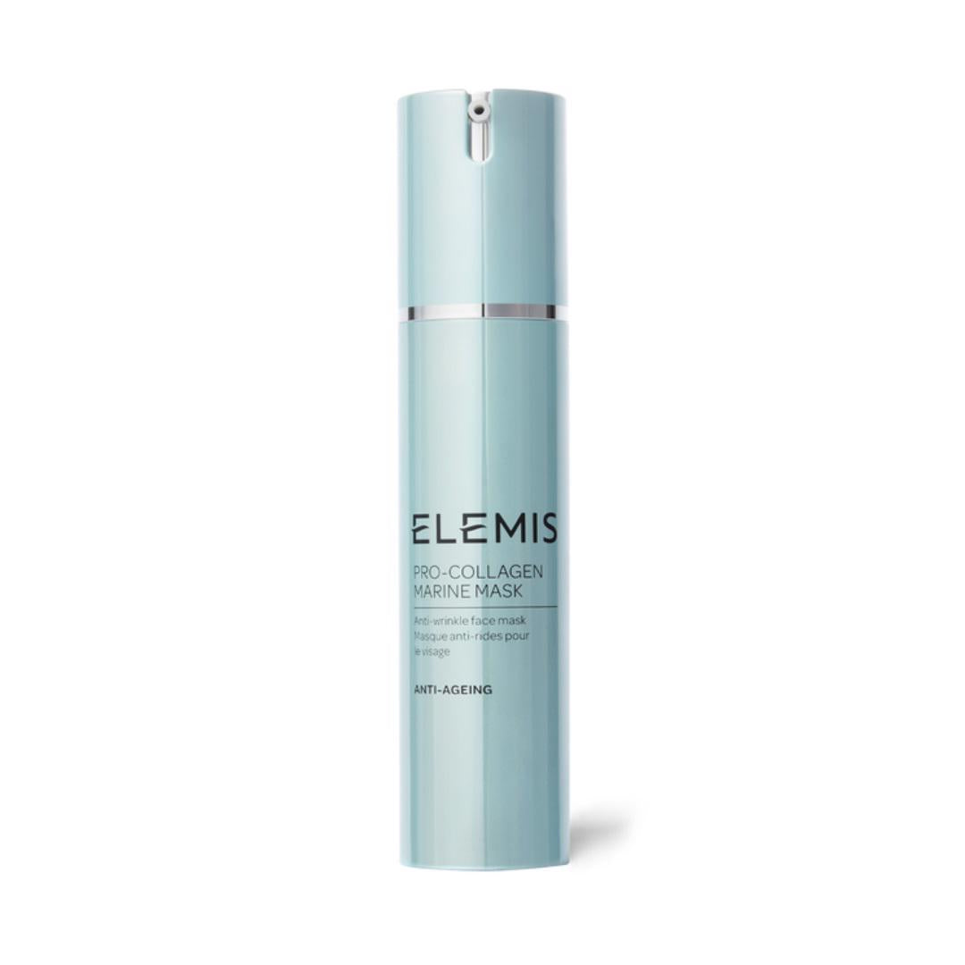 A cylindrical, light blue bottle of ELEMIS - PRO-COLLAGEN MARINE MASK by ELEMIS - STEINER is shown against a white background. The bottle features a matte finish with silver detailing and a pump at the top. Text on the front reads &quot;ELEMIS - PRO-COLLAGEN MARINE MASK&quot; and &quot;Anti-Ageing.&quot; This anti-wrinkle face mask promises intense moisture for a more youthful appearance.