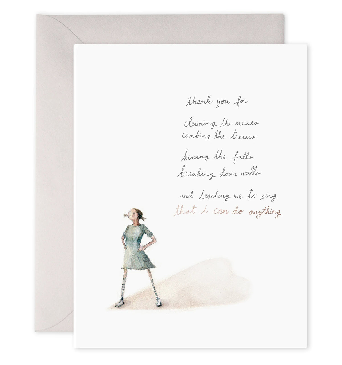 The E. FRANCES PAPER - SUPERGIRL CARD showcases an original watercolor of a girl in a green dress with striped socks, exuding confidence. The card conveys gratitude for support and encouragement, printed on luxe heavyweight paper, and includes an envelope.