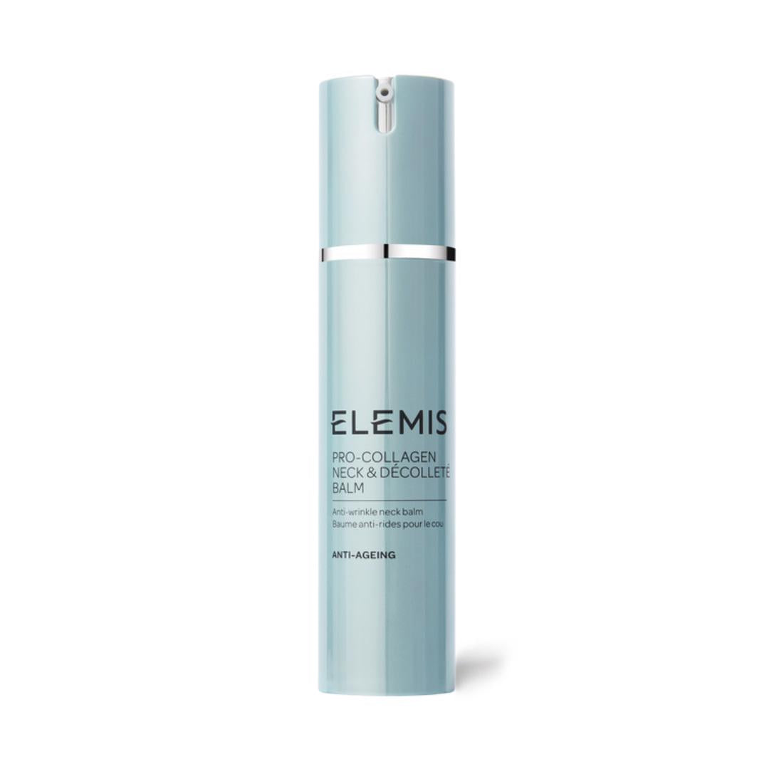 A light blue bottle of ELEMIS - PRO-COLLAGEN NECK &amp; DÉCOLLETÉ BALM by ELEMIS - STEINER, featuring a silver accent and pump, labeled as an anti-ageing, wrinkle-reducing moisturizing balm for neck and décolleté.