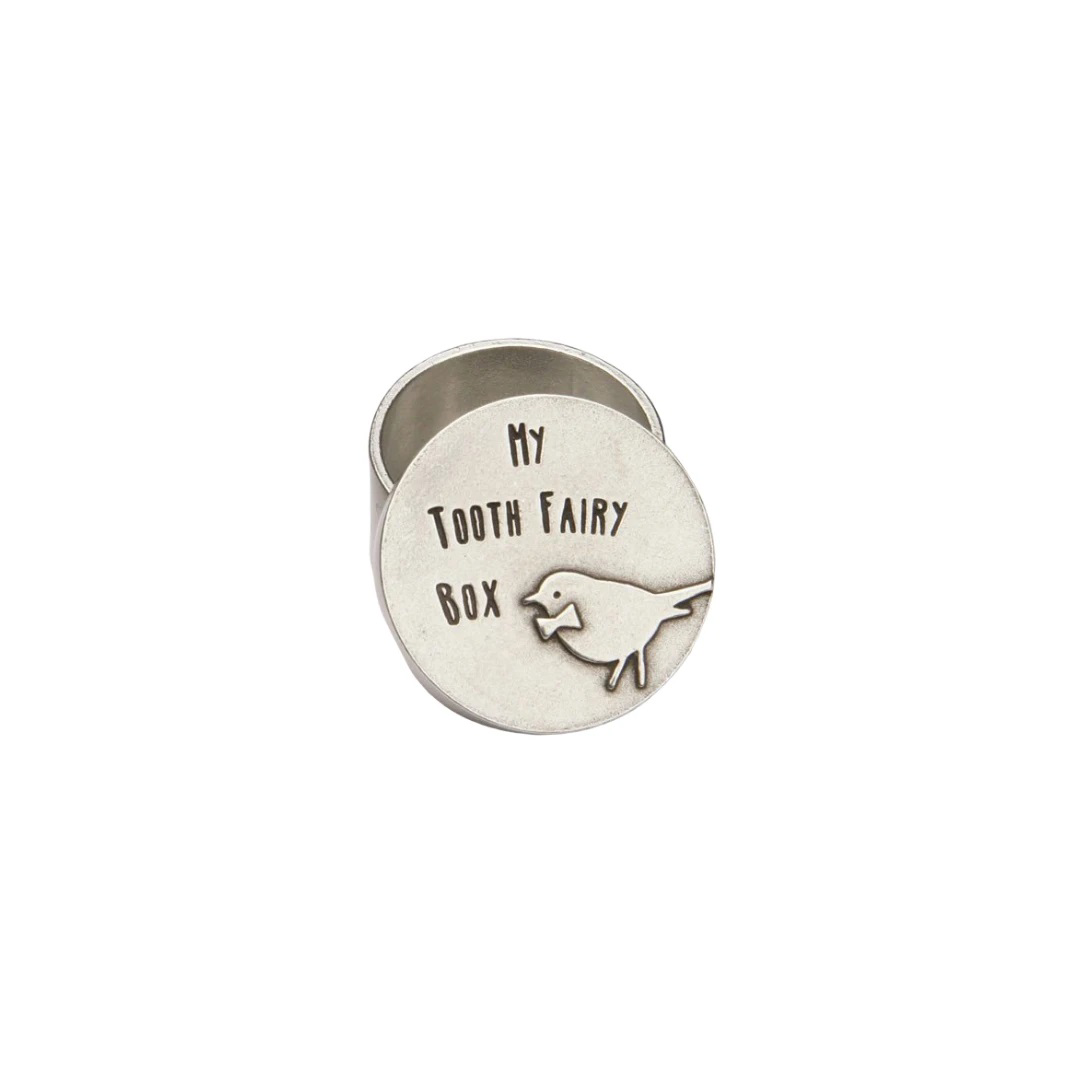 The PEWTER TOOTH FAIRY BOX (BIRD) by BEEHIVE HANDMADE is a small, round box with a lid that reads "My Tooth Fairy Box" and features an engraved bird image. Hand cast in lead-free pewter, the metallic box and its lid are shown slightly open to reveal their depth.