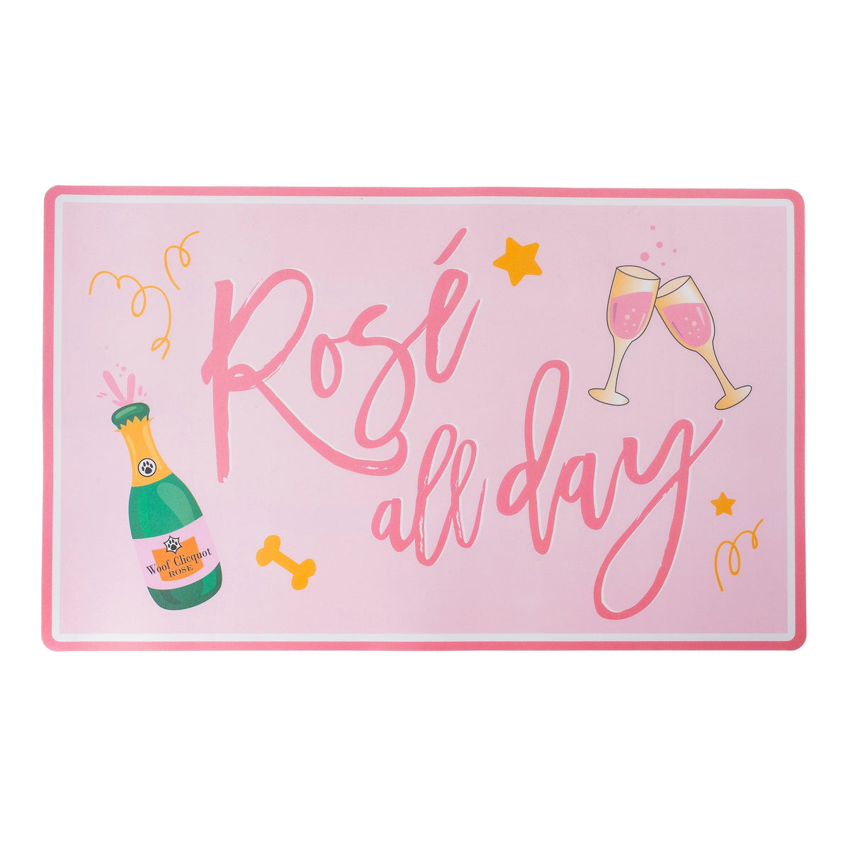 The PLACEMAT ROSE ALL DAY by HAUTE DIGGITY DOG is a pink placemat featuring the text &quot;Rosé all day&quot; in a cursive font. The design includes charming illustrations of a champagne bottle labeled &quot;rosé,&quot; two clinking champagne glasses filled with rosé, and small decorative stars and confetti, perfect for elevating your dining experience.