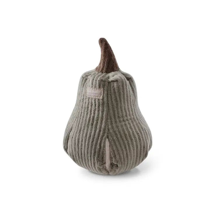 Introducing the LAMBWOLF COLLECTIVE Butternut Dog Toy (S) by LAMBWOLF COLLECTIVE—a soft and plush pear-shaped toy crafted with a textured, ribbed fabric. This adorable greyish-brown pear features a dark brown stem at the top and a small fabric label on its side. Designed for both decoration and play, its hidden treat pockets make it irresistibly cute and cozy for your furry friend.