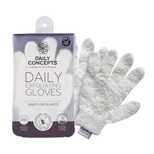 Packaging of DAILY CONCEPTS EXFOLIATING GLOVES next to one pair of white exfoliating gloves. The packaging features a purple and white design with product information, including "Individuals who think in the shower," an "organic cotton" icon, and tips for use as a Pre Self-Tanning Ritual.