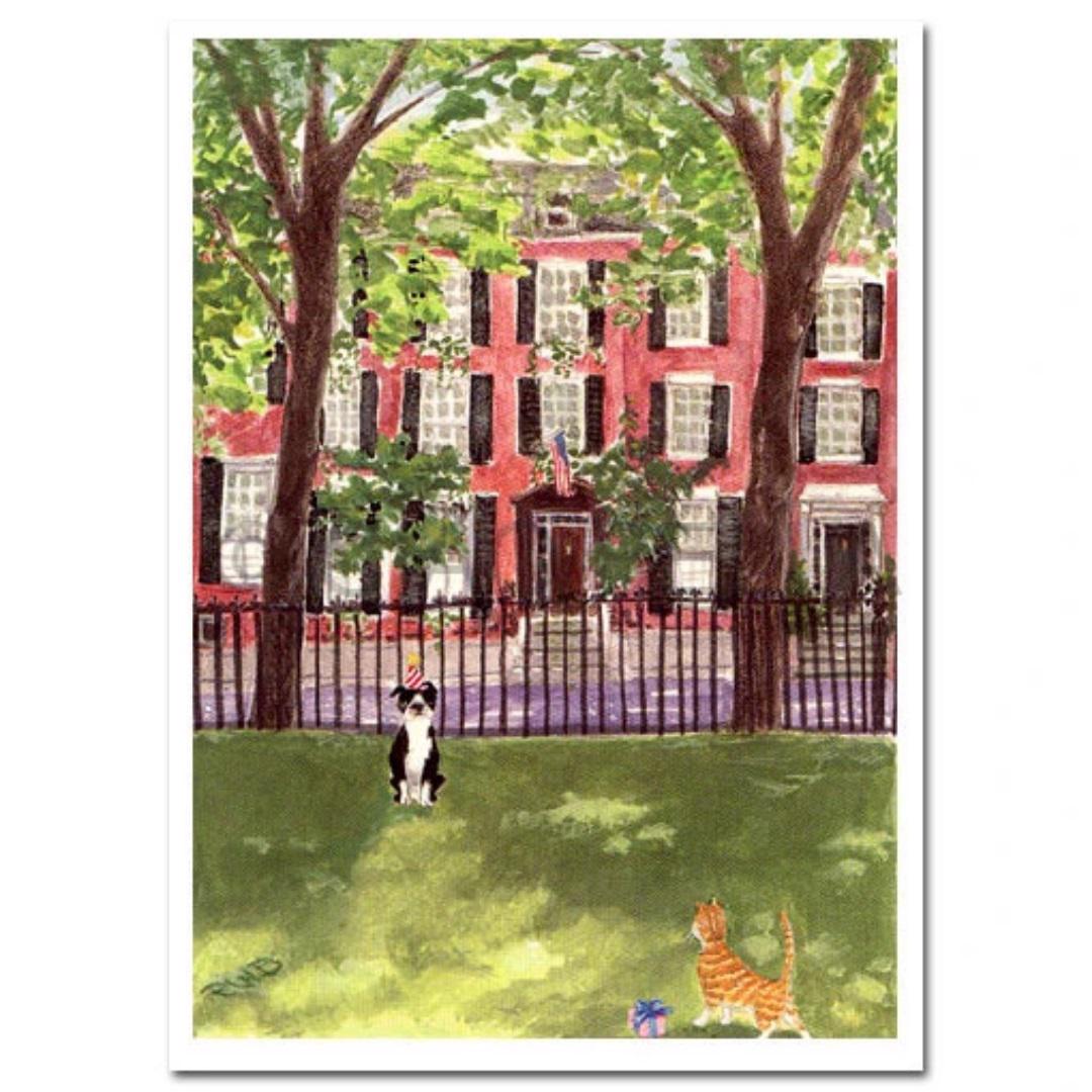 Experience the charm of the CIAO BELLA - MR BOSTON CARD. This watercolor painting features a red-brick townhouse with a black front door, flanked by two large trees. In front of the house, you'll find a black-and-white dog sitting on the lawn and a striped orange cat facing a small purple gift box. Ideal for framing or as a delightful note card, this elegant piece comes with an envelope included. Brought to you by CIAO BELLA.