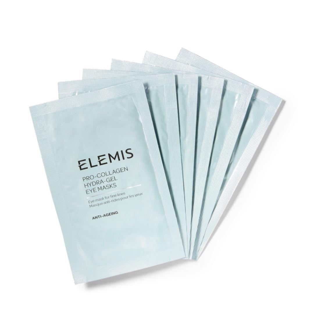 A fan arrangement of seven light blue packets of ELEMIS - PRO-COLLAGEN HYDRA GEL MASK. The individual packet in front displays the product name and &quot;Anti-Ageing&quot; label under the brand ELEMIS - STEINER. Infused with Hyaluronic Acid, these eye masks are designed to treat wrinkles and rejuvenate the eye area.