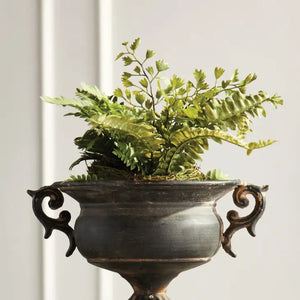 The NAPA HOME AND GARDEN - RUSTIC MIXED FERN DROP IN features lush, arching fronds in a decorative moss ball, providing realistic green accents and a rustic touch ideal for interiors against a white backdrop.