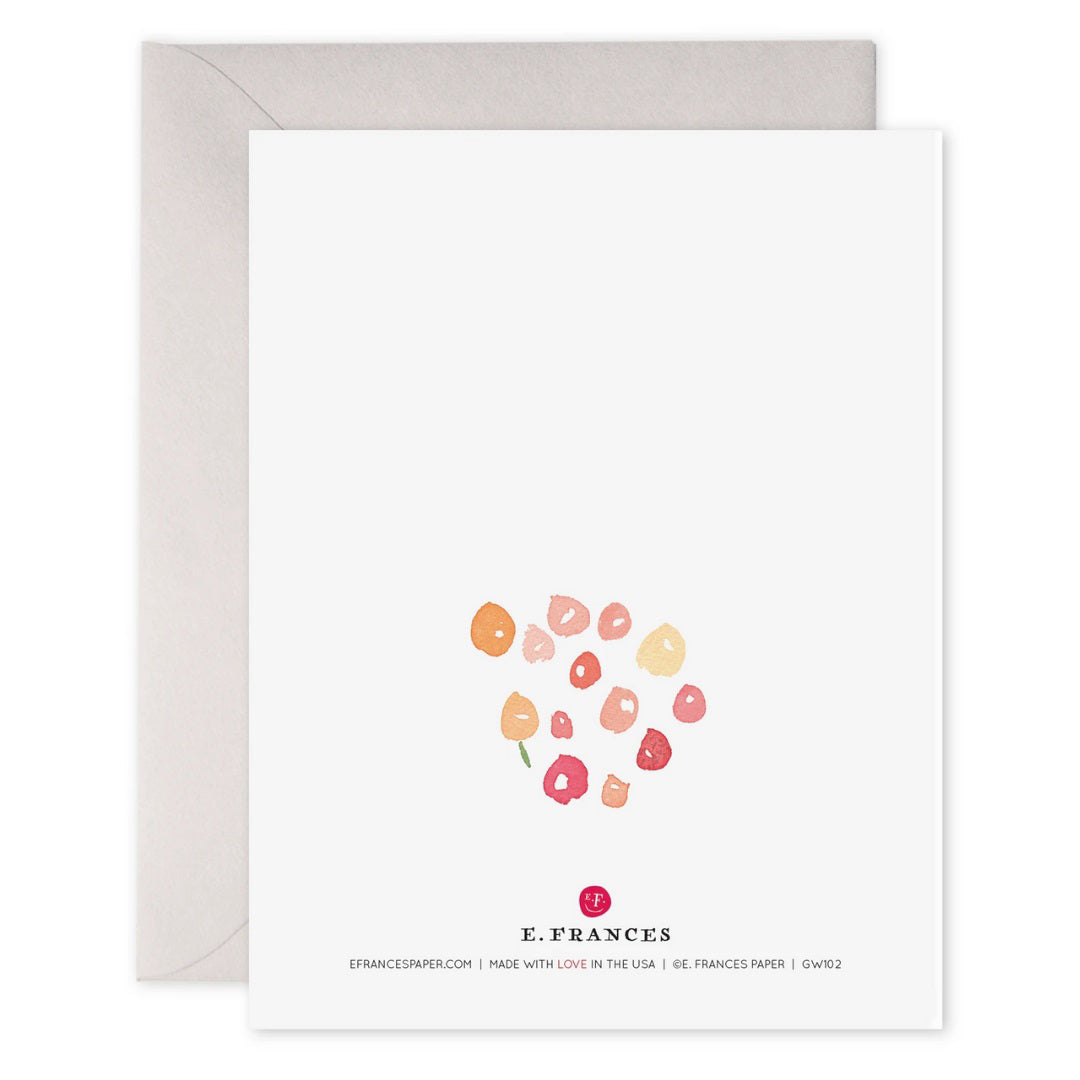 The E. FRANCES PAPER - FLOWERS GET WELL CARD by E. FRANCES PAPER has "Sending Get Well Wishes" in gold foil and features red, pink, and orange watercolor dots resembling flowers, with a white envelope included.