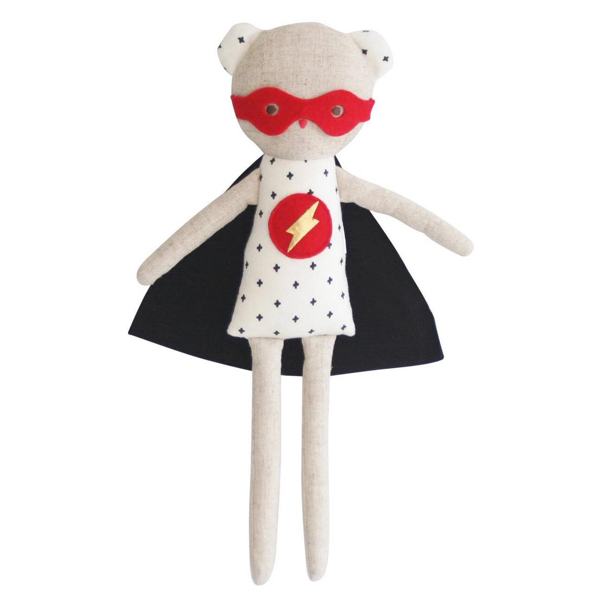 Introducing the ALIMROSE - SUPER HERO BEAR RATTLE, a handmade bear doll resembling a superhero. This adorable super hero bear from ALIMROSE wears a white outfit adorned with small black star patterns, features a red lightning bolt emblem on the chest, a red mask, and dons a black cape. With its beige-limbed and neutral-faced design, it's perfect for cuddles.