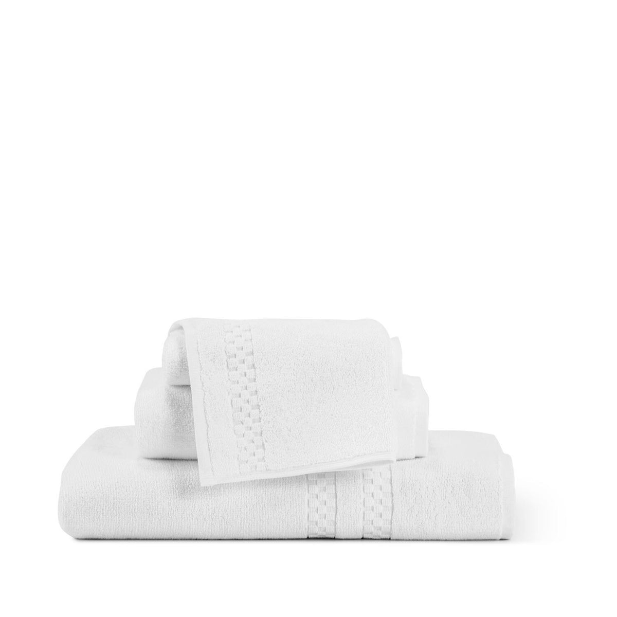 A neatly folded set of the Frette North America FEARRINGTON LIFESTYLE TOWEL COLLECTION - WASH CLOTH, made from 100% plush cotton, is stacked against a white background. These wash cloths, inspired by the elegance of Fearrington House Inn, feature a subtle decorative band pattern and vary in size. The overall aesthetic is clean, simple, and minimalist.