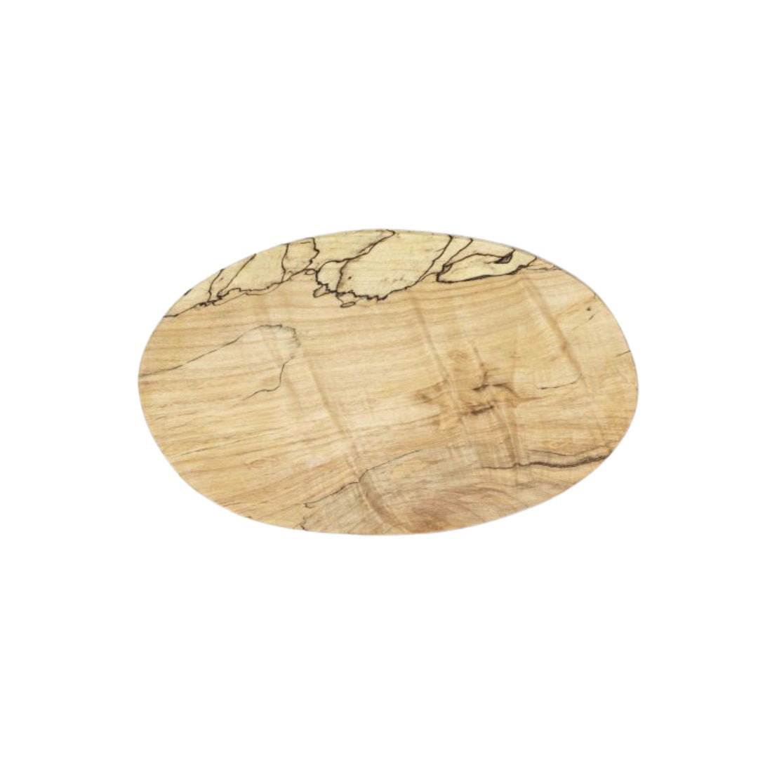 The ROUND SPALTED BOARD 20 by PETERMANS BOARDS &amp; BOWLS INC is a handcrafted, round cutting board made from spalted maple. It boasts a natural grain pattern with a smooth finish. Featuring light and dark brown streaks, this upcycled wood decor piece beautifully showcases the organic texture and unique design of the wood.